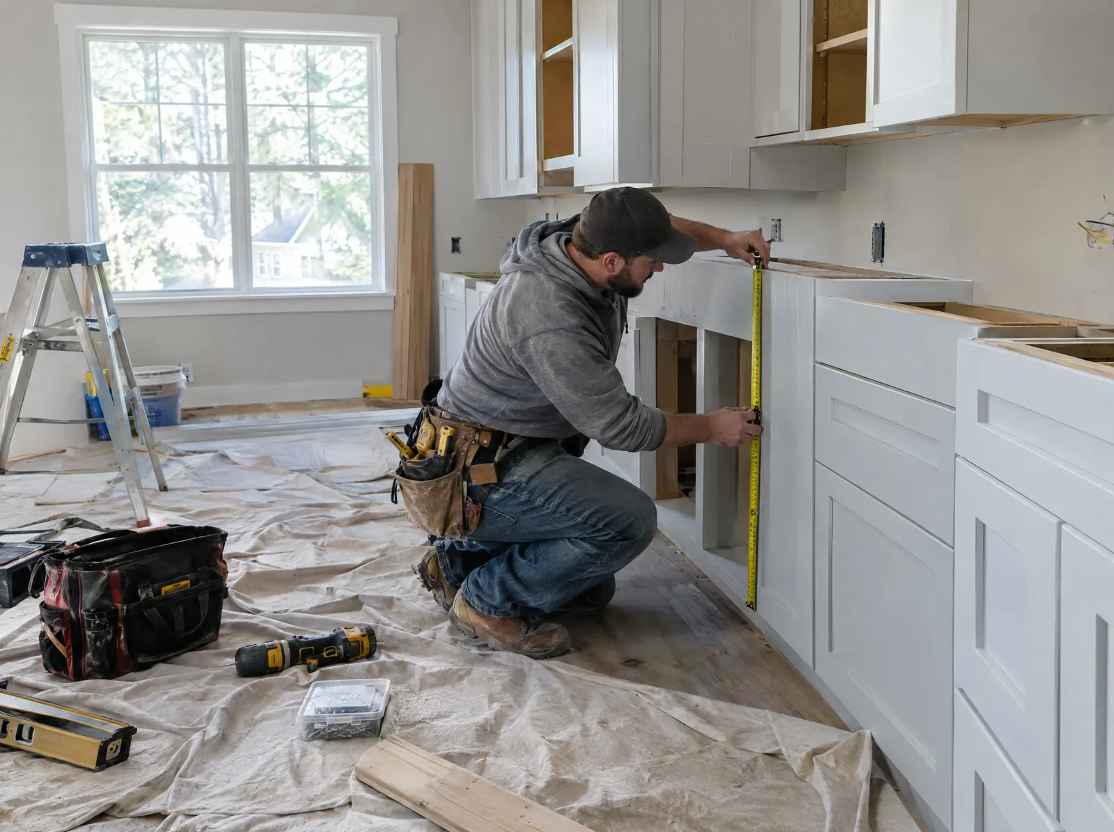 Contractor measuring and marking a floor during a renovation