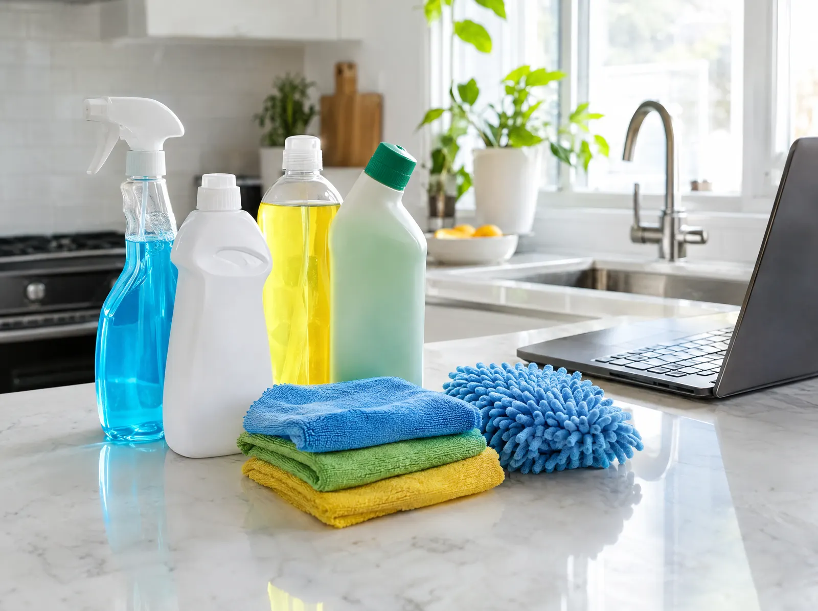 Cleaner holding a bucket of cleaning supplies