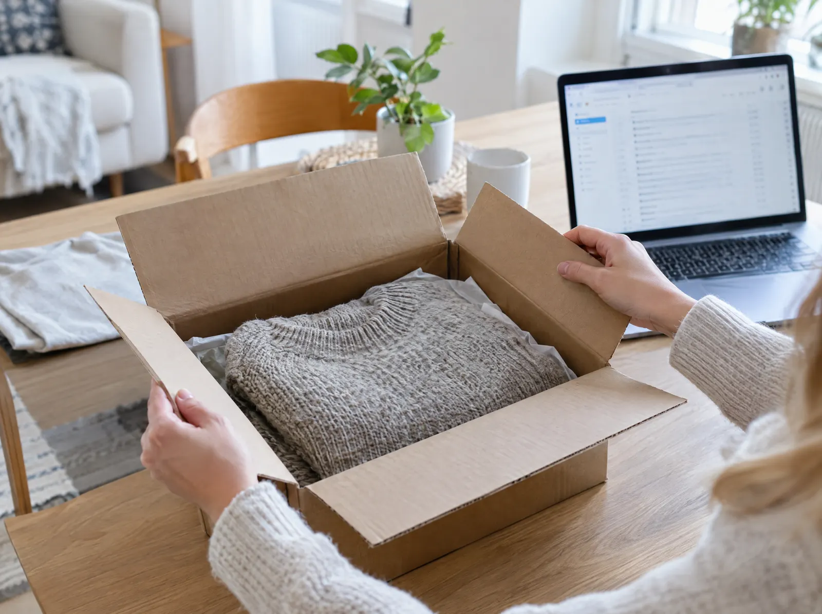 Hand typing on a laptop surrounded by online shopping icons