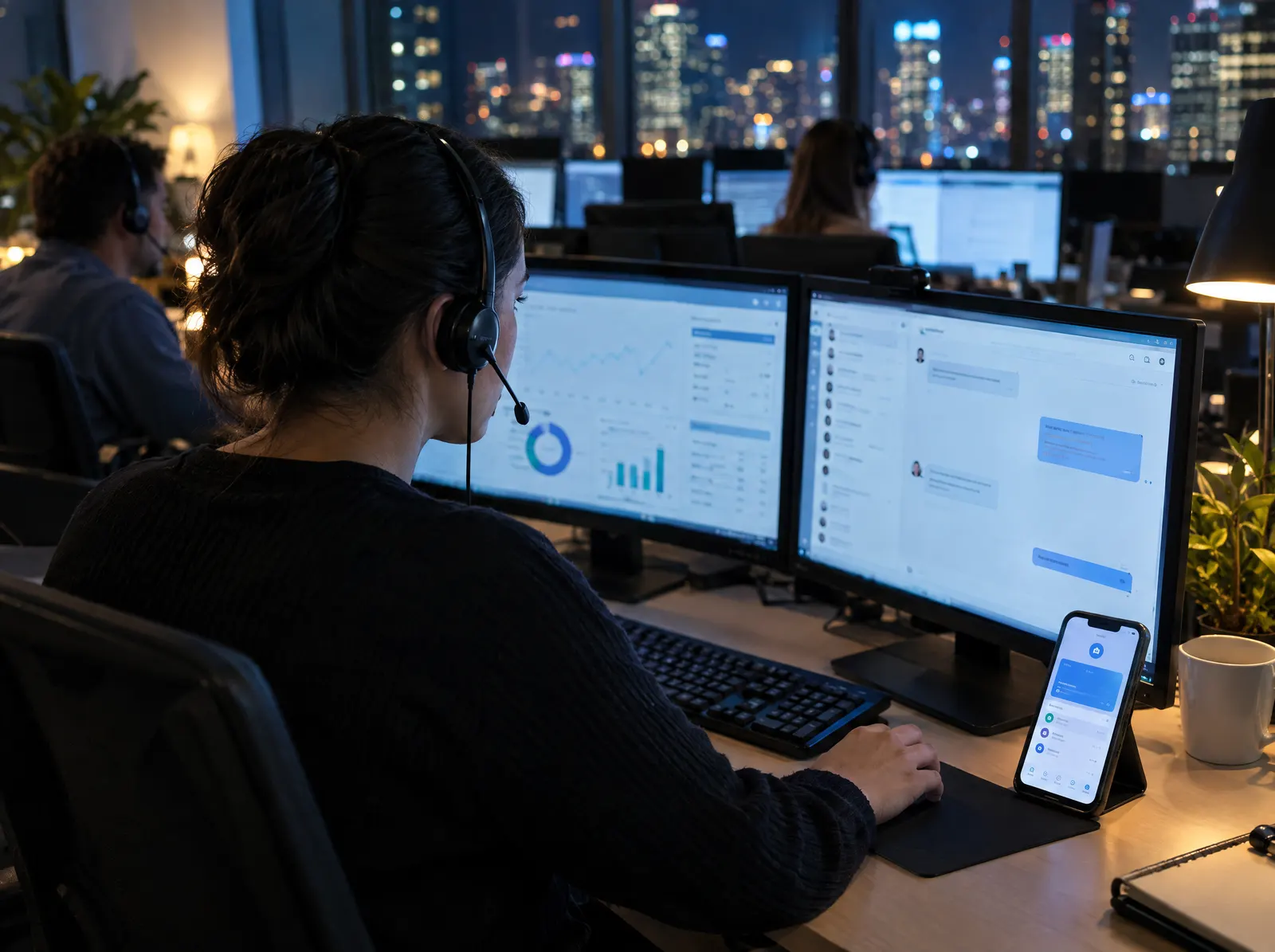 A night-shift support agent working on chats and calls