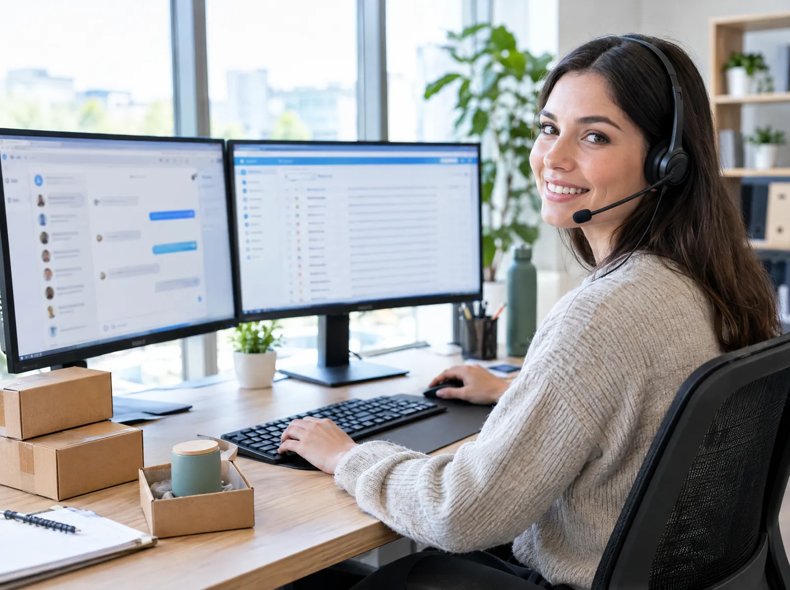 A support agent with a headset answering chats and emails for an online store