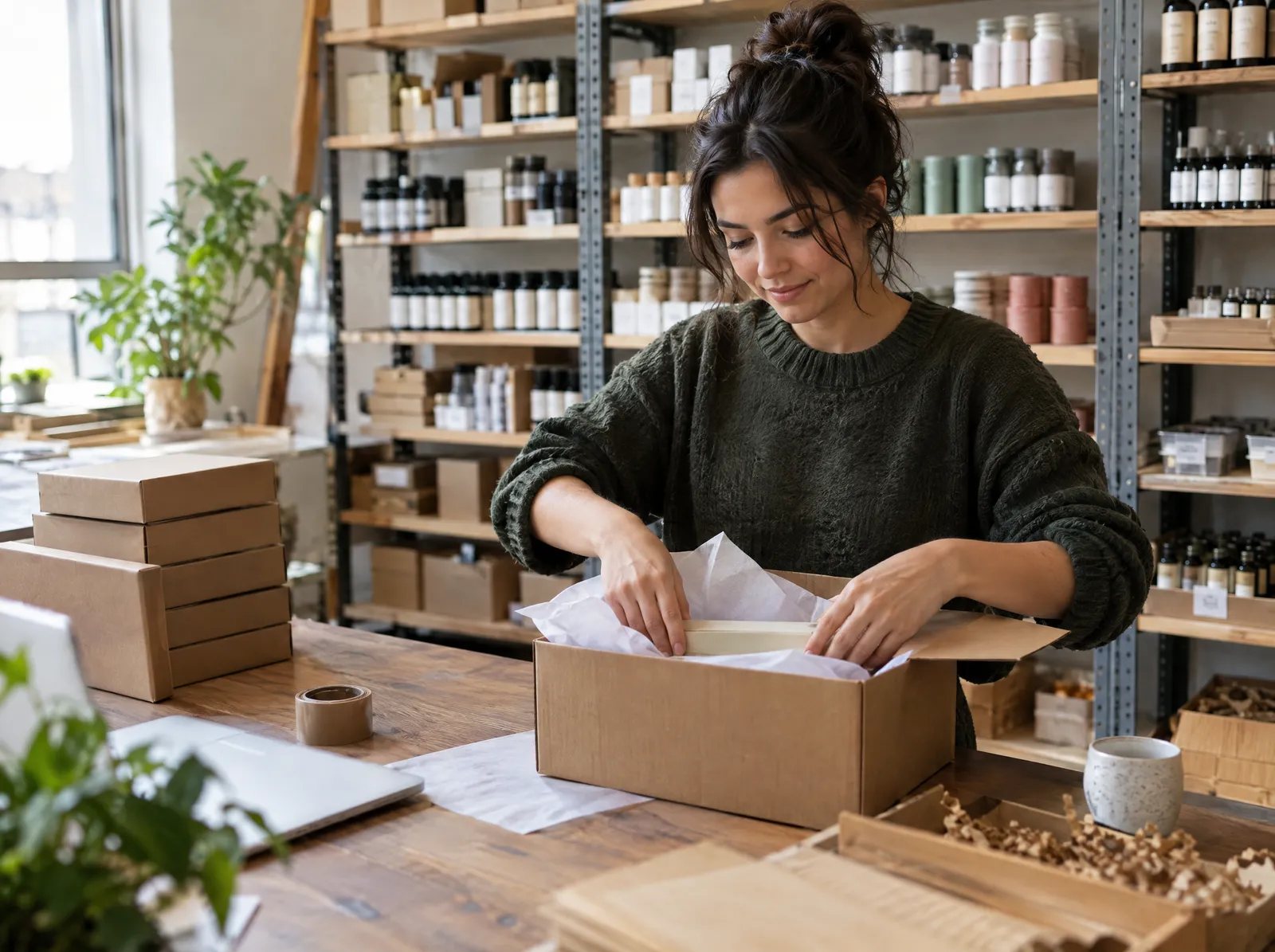 An online store owner packing an order into a cardboard box