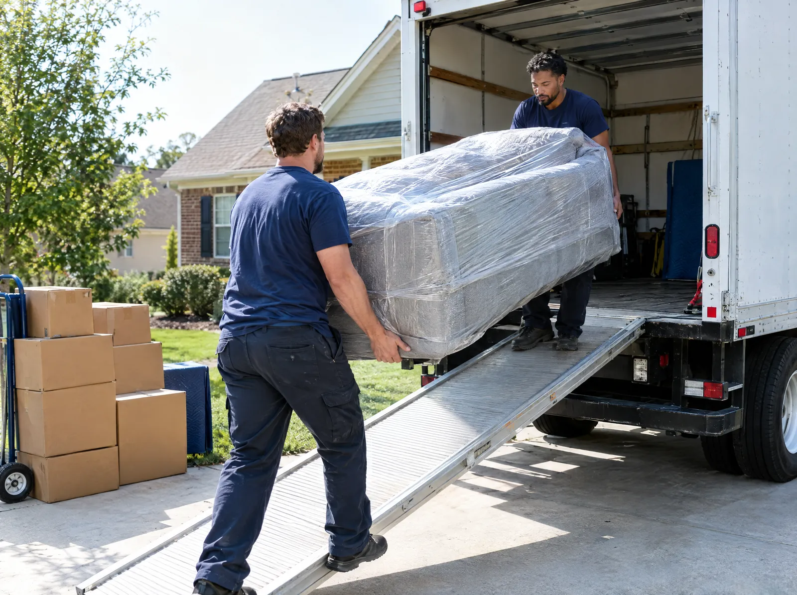 Two movers loading a wrapped sofa into a moving truck