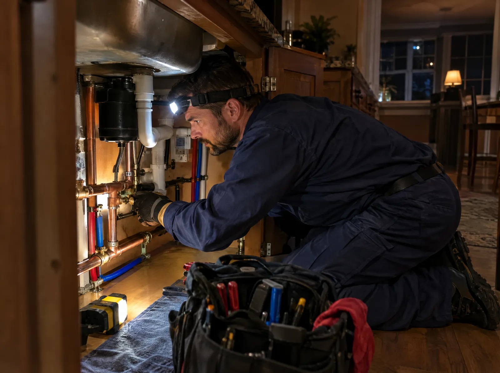 A plumber repairing pipes under a kitchen sink