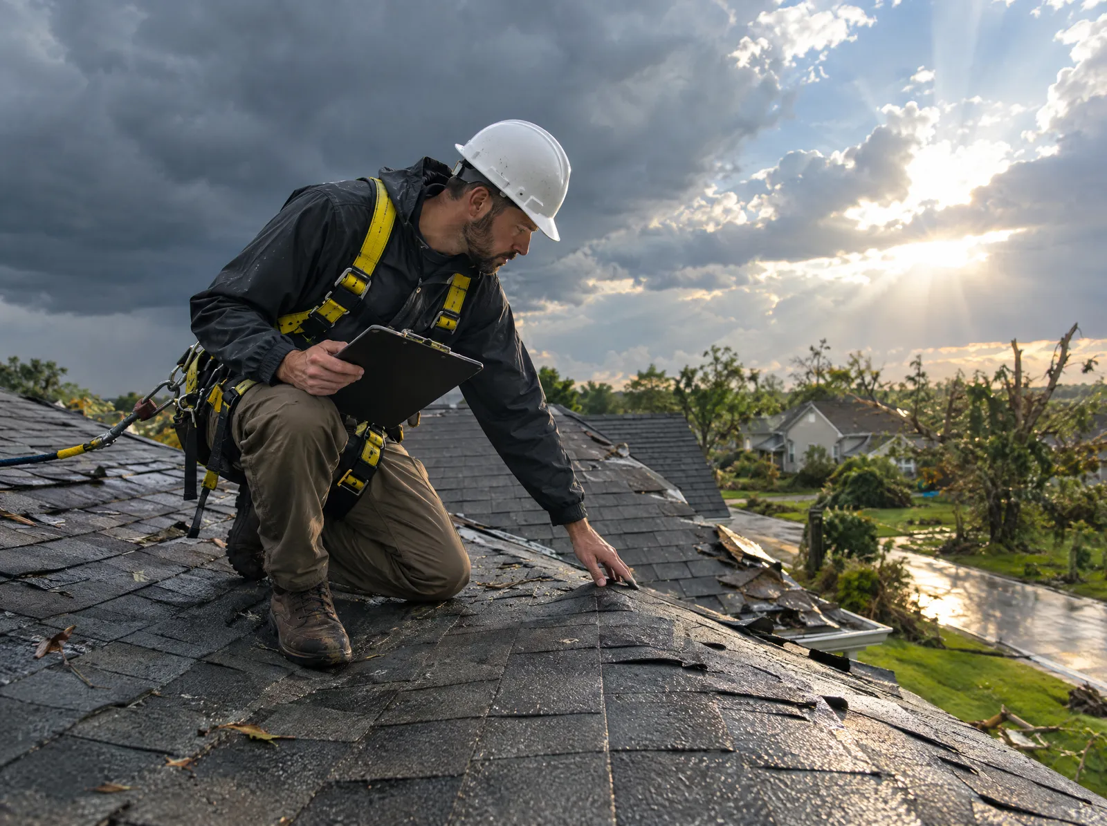 A roofer inspecting storm-damaged shingles