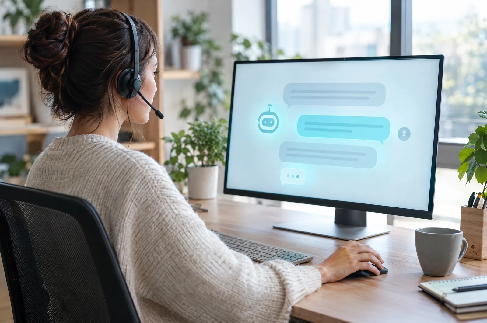 An agent wearing a headset works next to an AI chat assistant on screen
