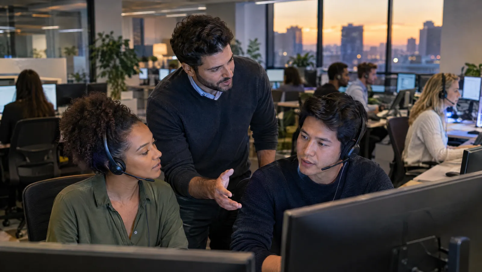 A team lead coaching two call center agents