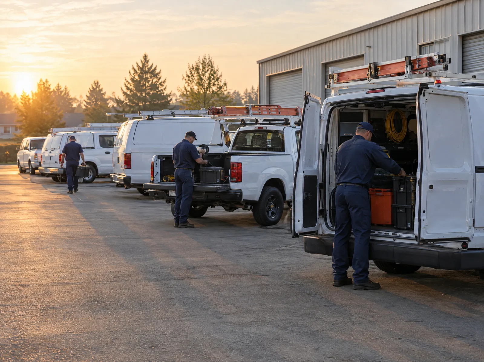 Home-service vans and technicians in a company yard at dawn